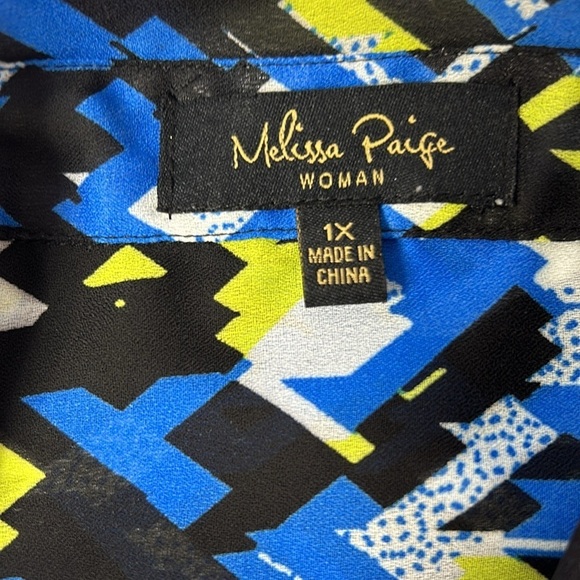 Melissa Paige Button Up Black/Blue/Yellow Patterned Tab Sleeve Blouse Sz 1X - Picture 7 of 11